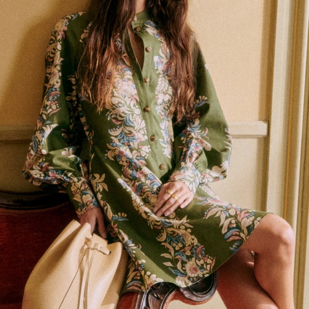 Sezane Olive Floral Dress with Button Detail